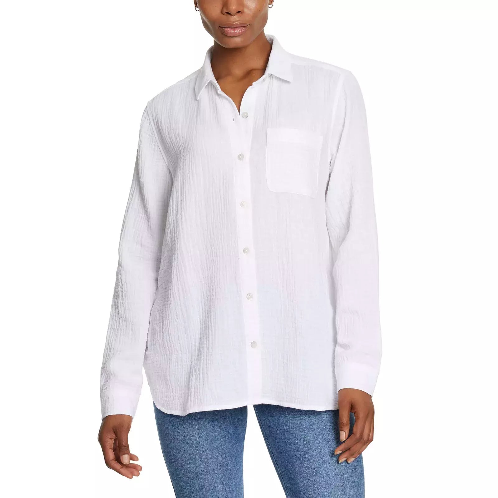 Jessica Simpson Women's Long Sleeve Double Gauze Crinkle Button-Up Shirt with Pocket