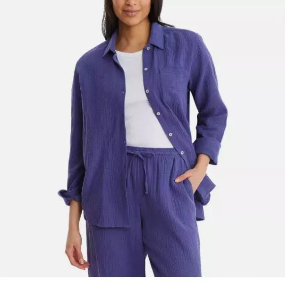 Jessica Simpson Women's Long Sleeve Double Gauze Crinkle Button-Up Shirt with Pocket