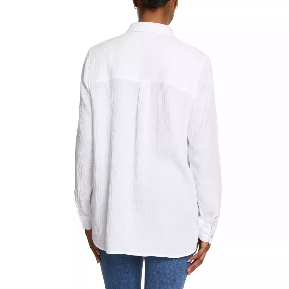 Jessica Simpson Women's Long Sleeve Double Gauze Crinkle Button-Up Shirt with Pocket