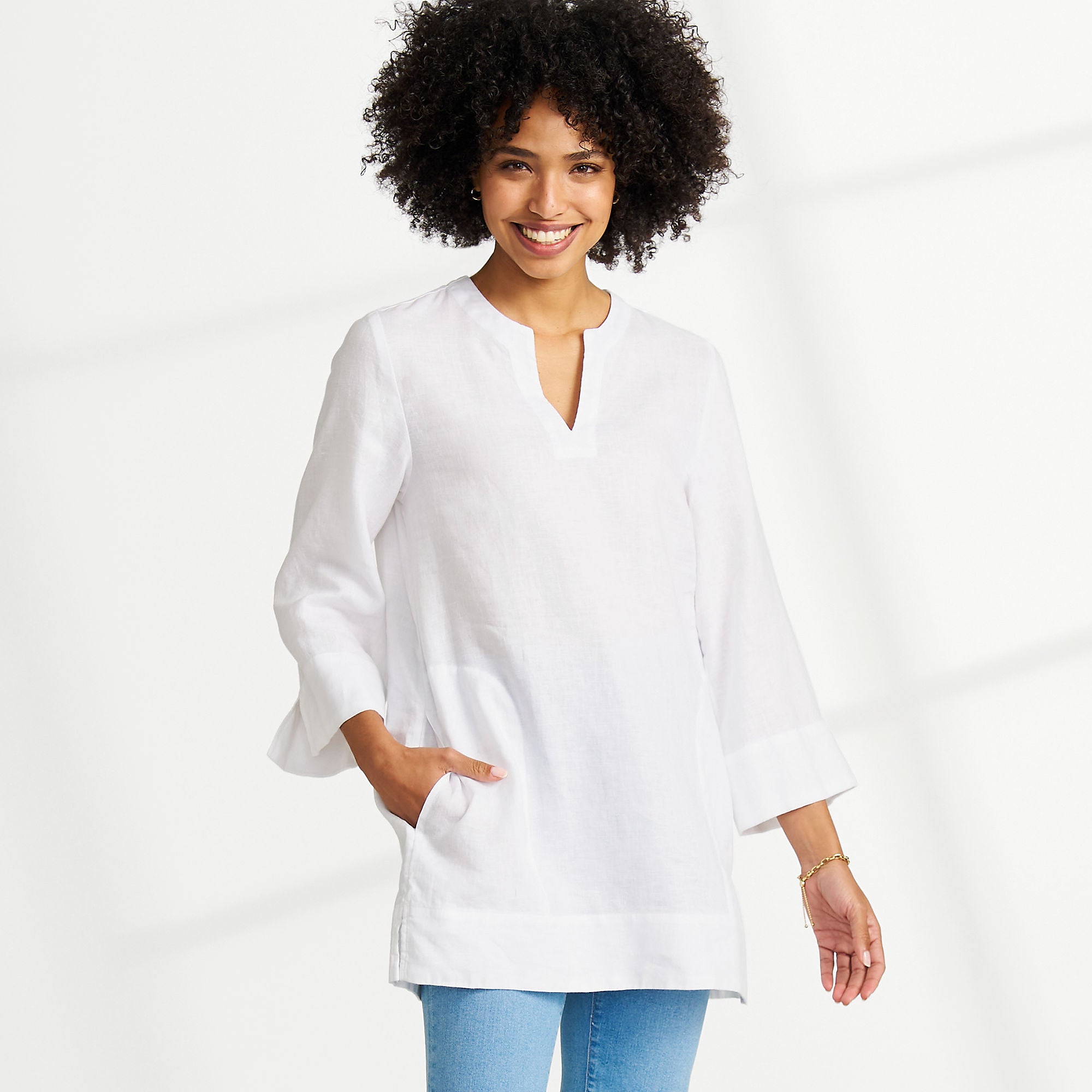 Land's End Women's Linen Split Neck Tunic Top - Stylish, Lightweight, and Comfortable