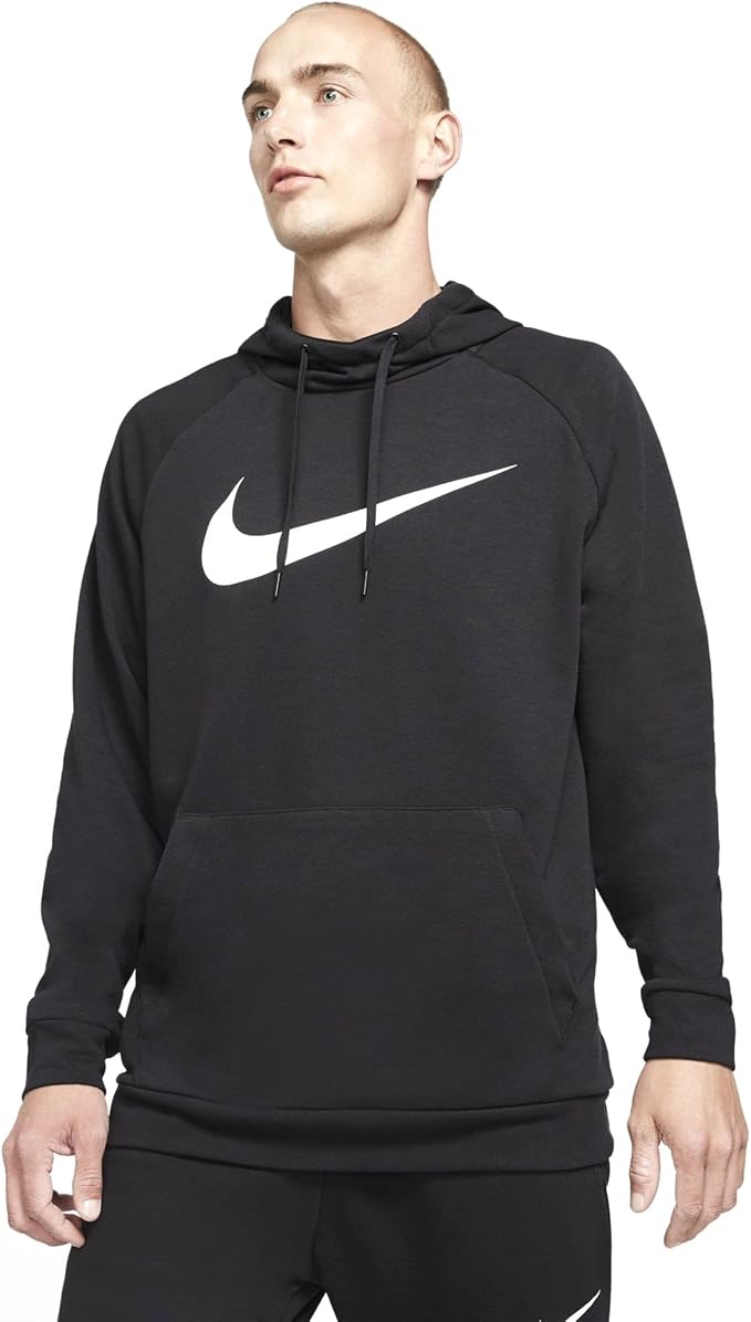 Nike Dri-Fit Men's Black Hoodie Sweatshirt - White Swoosh Logo