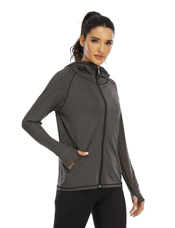 Koscacy Women's Lightweight Zip Up Hoodie, Long Sleeve Sports Jacket with Side Pockets, Fast Dry Yoga Top, Seamless Stitching for Activewear