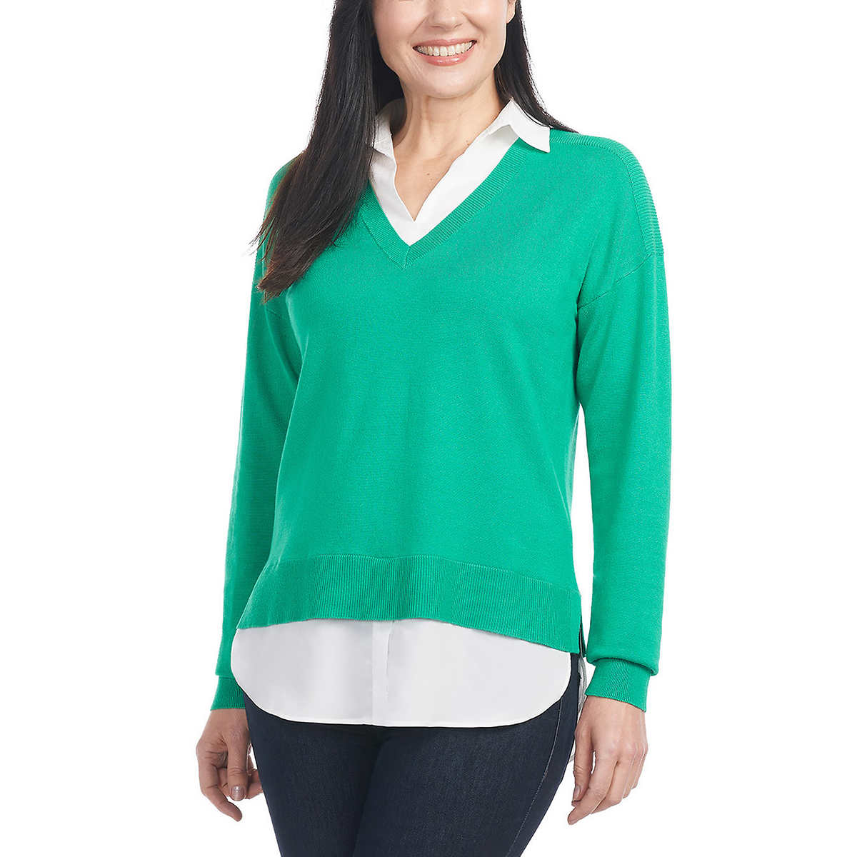 Hilary Radley Women's Collared V-Neck Soft 2-fer Sweater – Stylish Layered Look