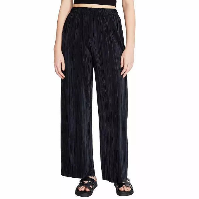 Steve Madden Women's Black Plisse Wide-Leg Pants with Elastic Waist and Pockets