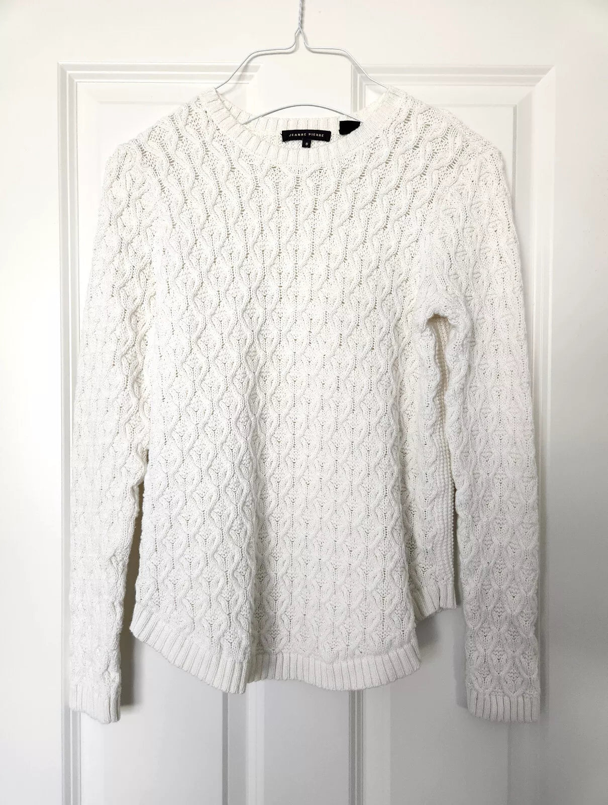 Jeanne Pierre Women's White Cable Knit Pullover Sweater - Crew Neck, 100% Cotton, Size S