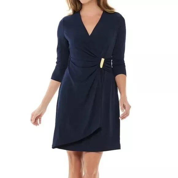 Chaps Women's Gathered Side Faux-Wrap Dress with Stylish Hardware