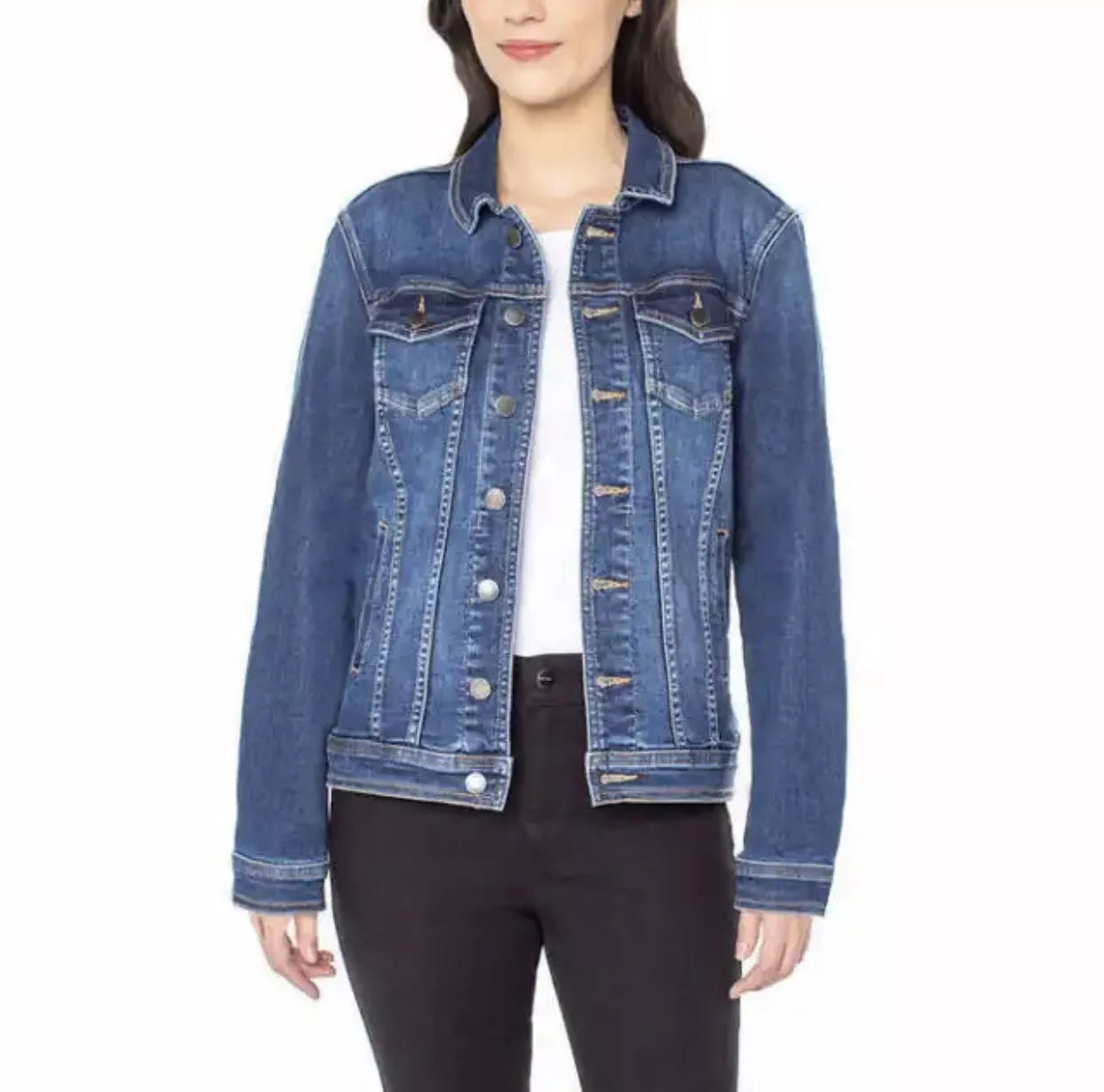 Well Worn Women's Dark Blue Stretch Denim Jacket with Pockets & Buttons | NWT