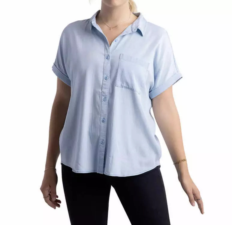 EcoThreads Women's Button-Up Short Sleeves Shirt with Chest Pocket – Casual Summer Top