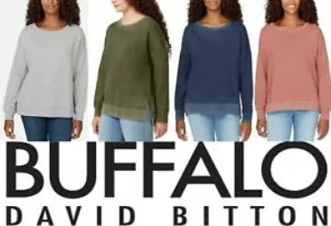 Buffalo Womens Relaxed Vintage Wash Crewneck Soft Terry Sweater Pullover