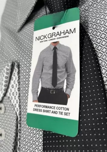 Nick Graham Men's Performance Cotton Dress Shirt with Tie Set | Slim Fit Stretch Button-Down Shirt