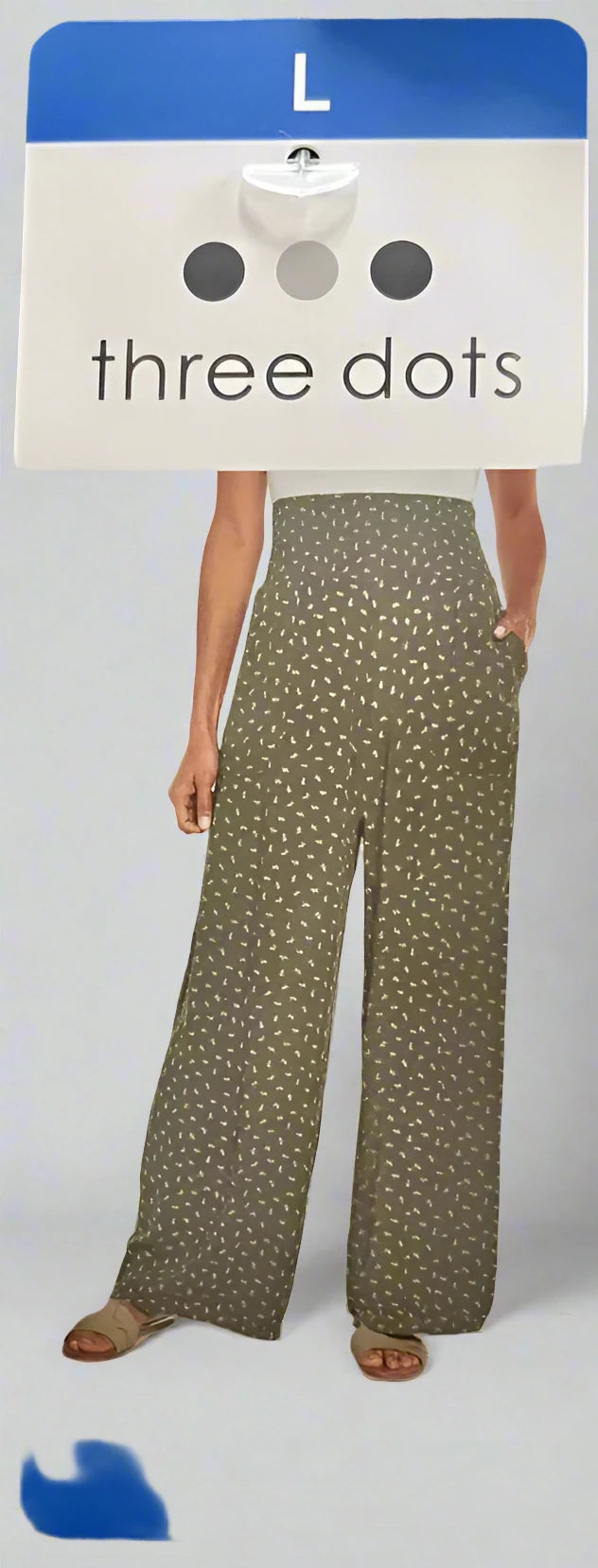 Three Dots Women's Green Printed Wide-Leg Pull-On Pants - Size L - Lightweight, Comfortable, Elastic Waist