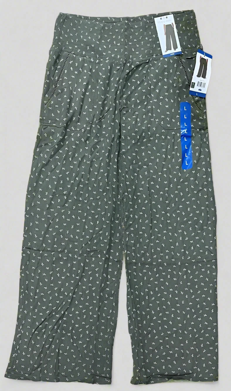 Three Dots Women's Green Printed Wide-Leg Pull-On Pants - Size L - Lightweight, Comfortable, Elastic Waist