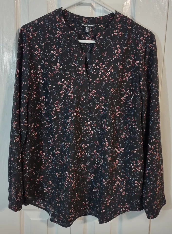 Hilary Radley Floral Long Sleeve Button Cuff Blouse Size Large Multi Color Flowy