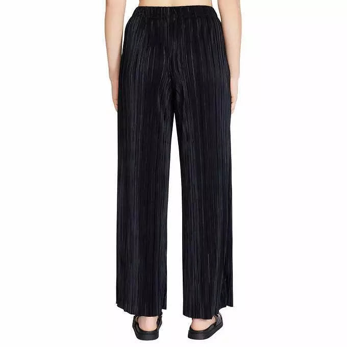 Steve Madden Women's Black Plisse Wide-Leg Pants with Elastic Waist and Pockets