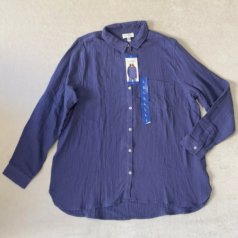 Jessica Simpson Women's Cotton Gauze Blue Button Down Blouse