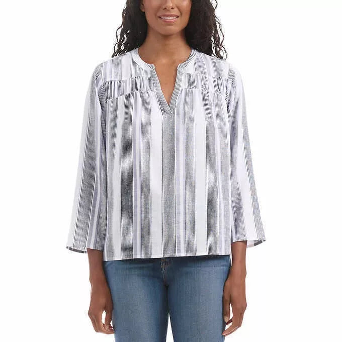 Splendid Women's White V-Neck Viscose Linen Blend Blouse