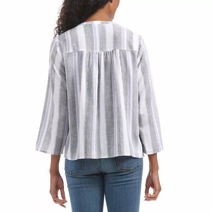 Splendid Women's White V-Neck Viscose Linen Blend Blouse