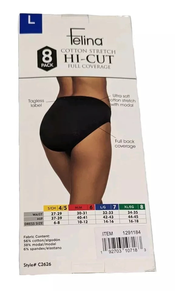 Felina Women’s Hi-Cut Cotton Stretch Panties (8-Pack) - Size L, Multicolor