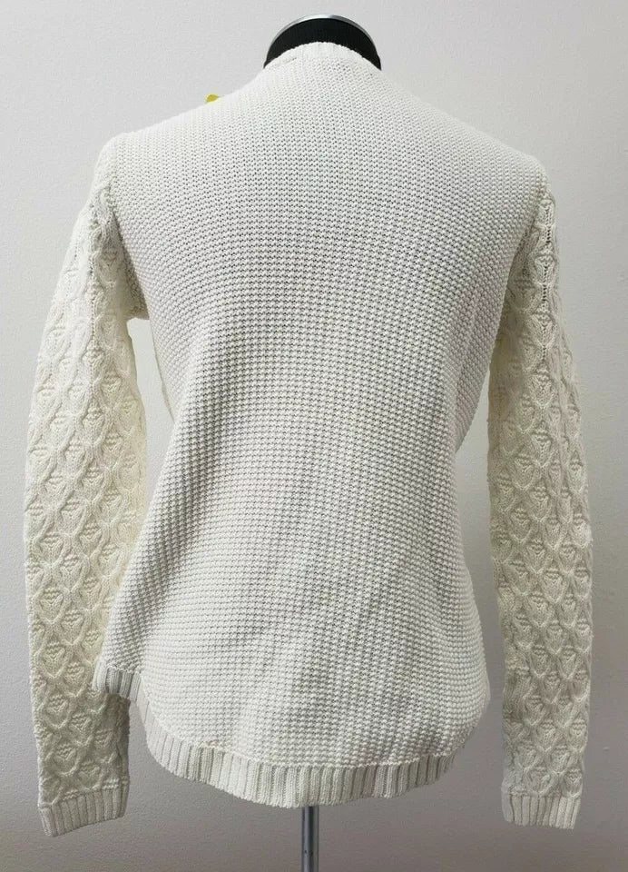 Jeanne Pierre Women's White Cable Knit Pullover Sweater - Crew Neck, 100% Cotton, Size S