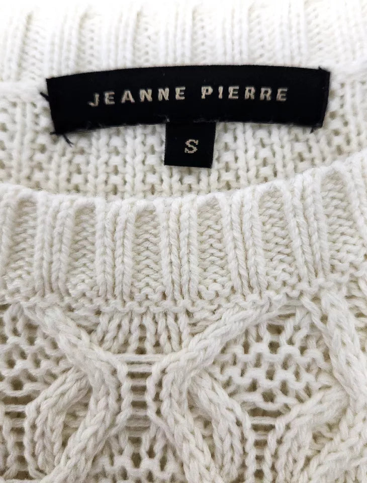 Jeanne Pierre Women's White Cable Knit Pullover Sweater - Crew Neck, 100% Cotton, Size S