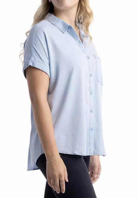 EcoThreads Women's Button-Up Short Sleeves Shirt with Chest Pocket – Casual Summer Top